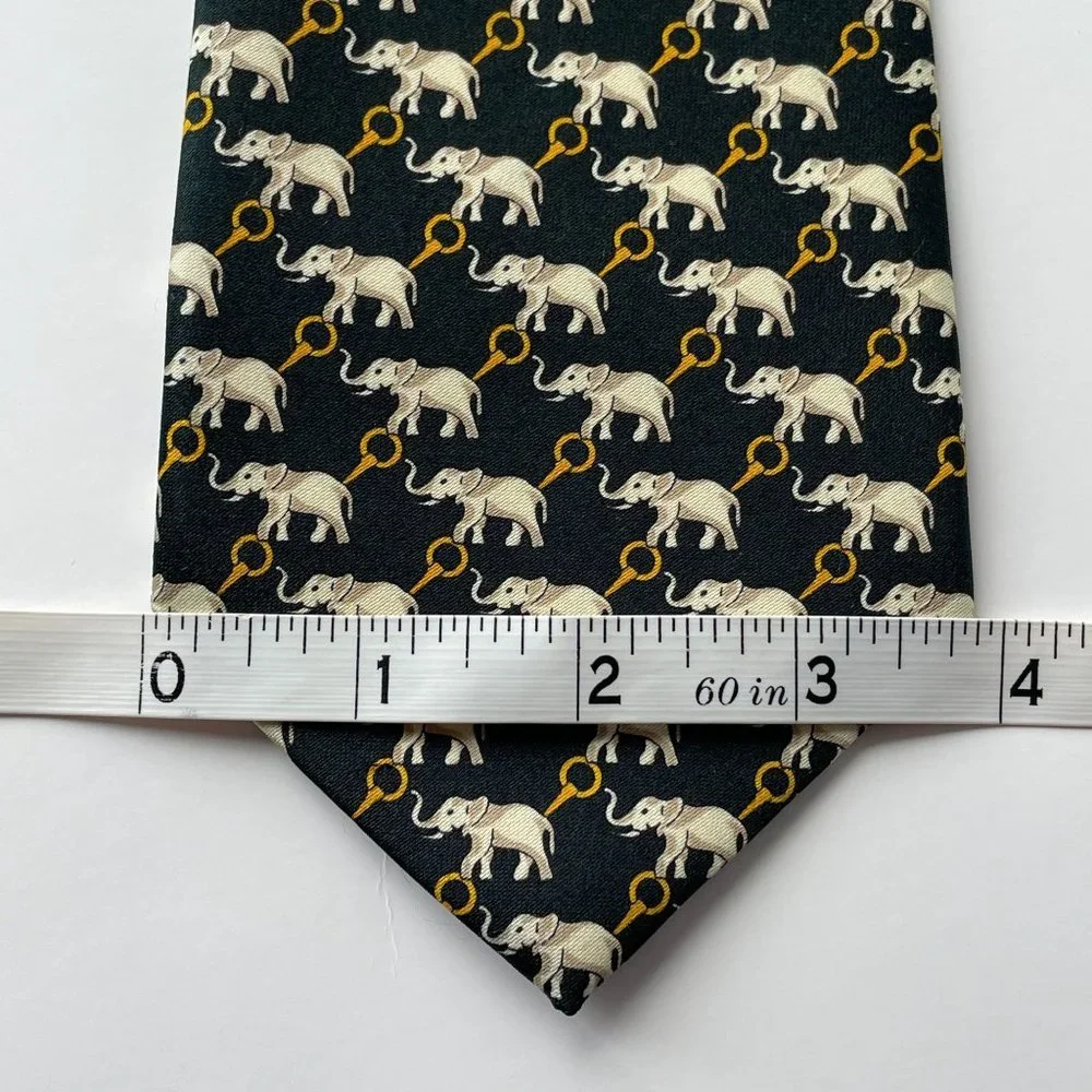 Rene Chagal Black Elephant Print Hand‎ Made 100% Silk Neck Tie Novelty Neckwear